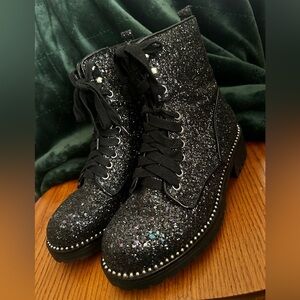 Black Glitter Combat Boots